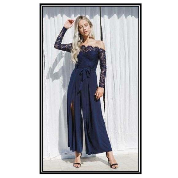 Navy Jumpsuit Romper Lace Off Shoulder Lady Summer - Picture 2 of 7